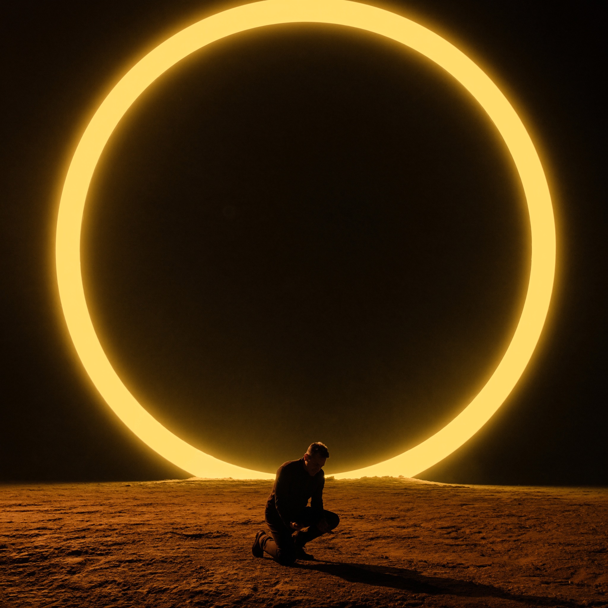 Roberto Pereira Eisenlohr silhouette against a golden eclipse in the desert